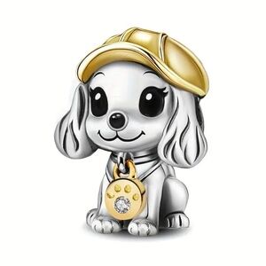 Gold and Silver Cocker Spaniel Dog Charm with Gold Baseball Cap & Gold Necklace